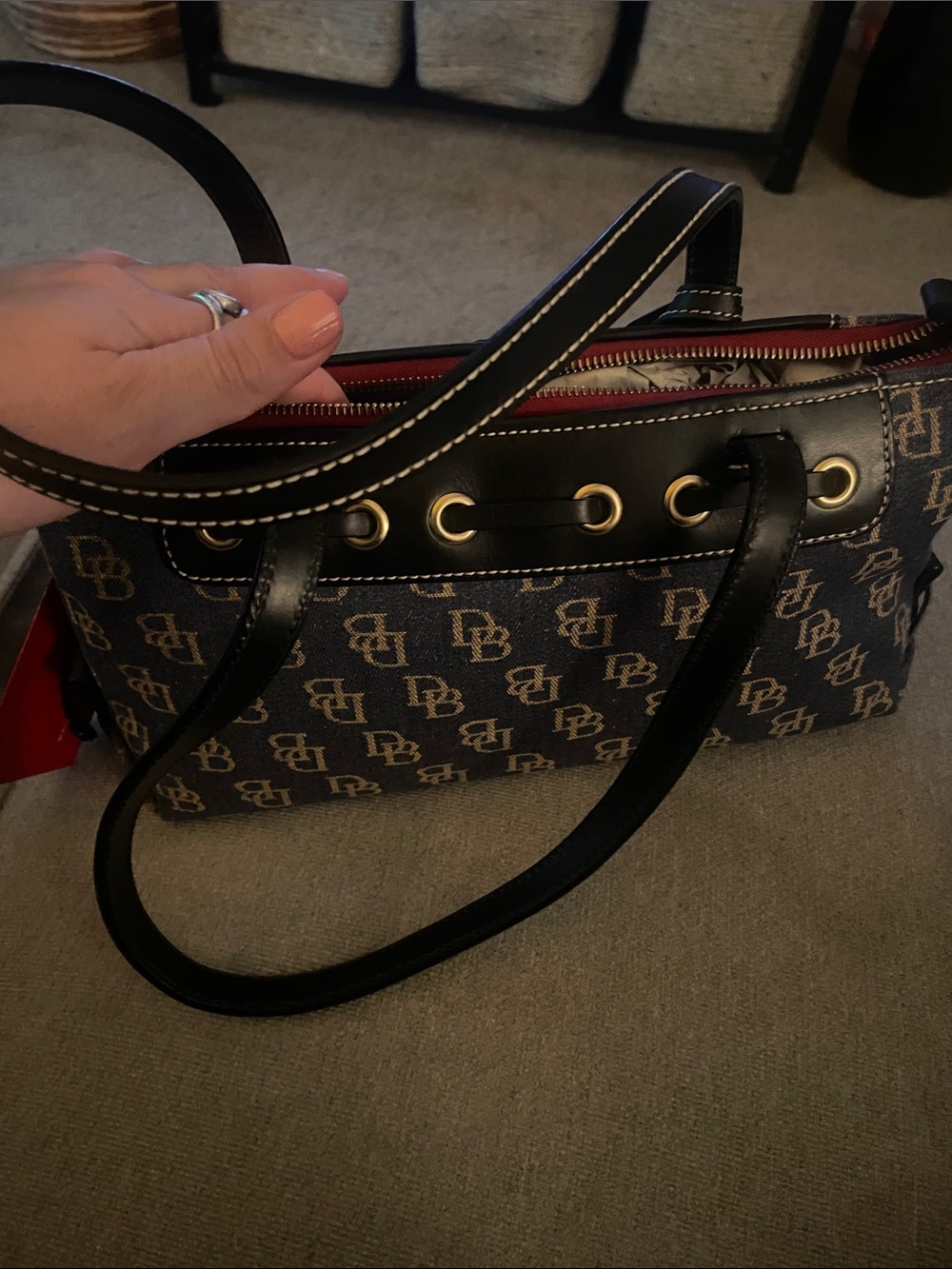 Dooney & Bourke Brown Signature Mini Tote with Black Trim and Red Zip - Picture 4 of 5